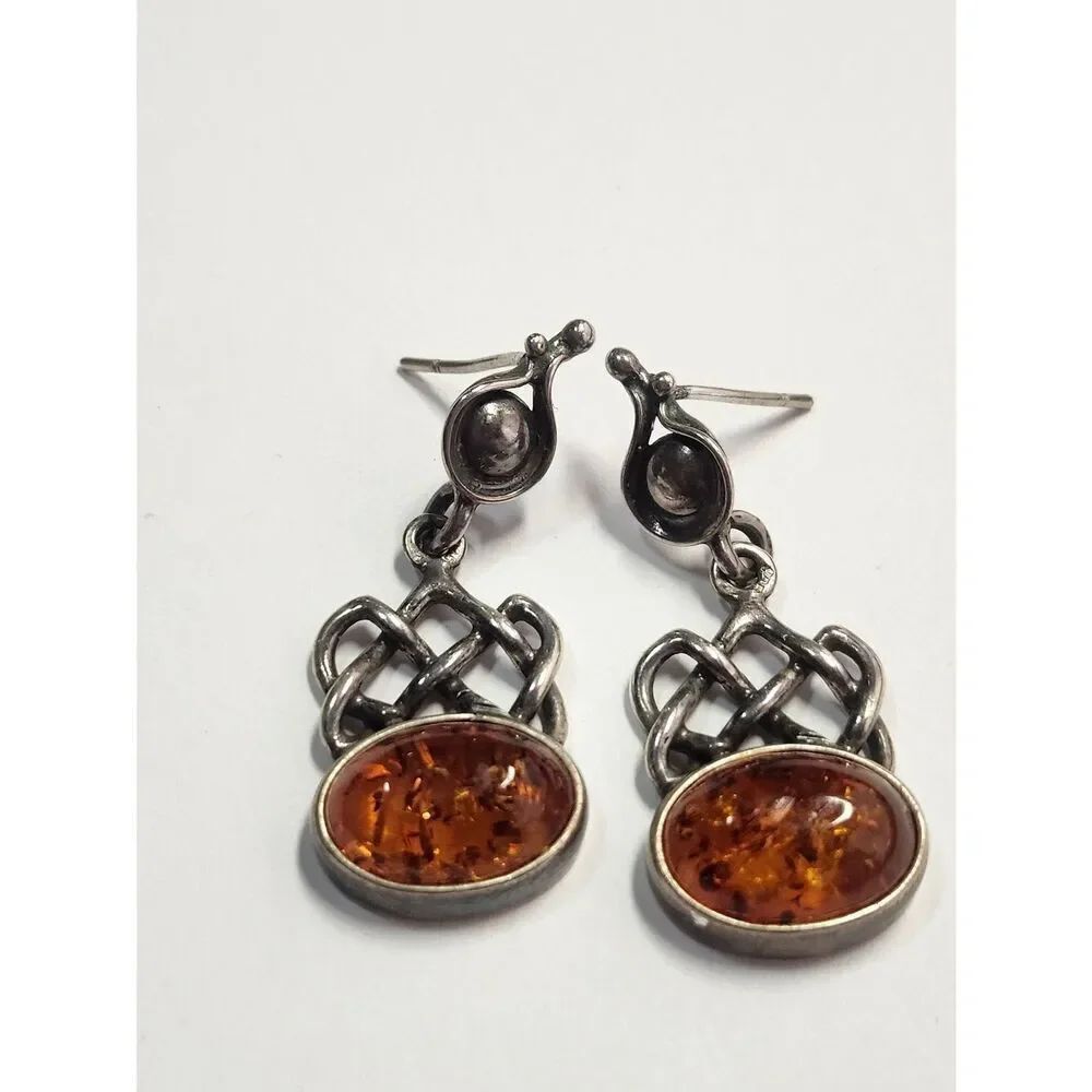 Sterling Silver Baltic Amber Dangle Earrings 925